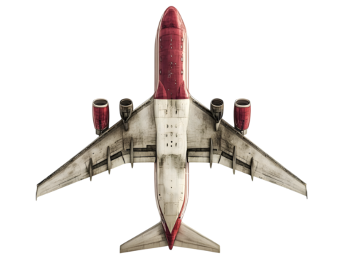 Top view of a vintage red and white passenger jet airplane isolated on transparent background