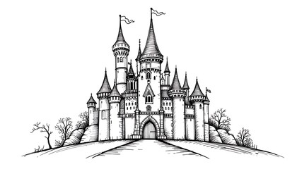 Obraz premium Vector hand drawn fairytale castle outline doodle icon