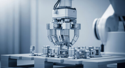 Advanced robotic arm with precise multi fingered gripper assembling metal components in modern automated manufacturing facility, demonstrating innovative industrial automation technology