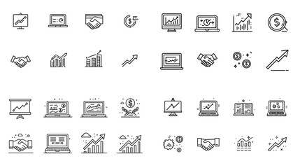 Clean line business and data analytics icon set with graphs, handshake, profit growth, and finance elements ideal for presentations, dashboards, and fintech projects.

