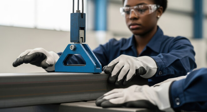 Focused female metalworker wearing protective gloves and safety glasses operates industrial lifting magnet handling heavy steel beam in modern fabrication facility