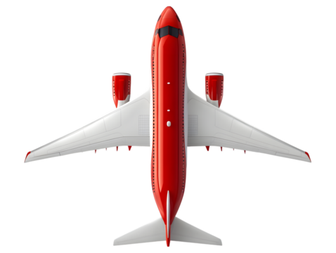 Modern red and white passenger jet airplane top view isolated on transparent background