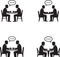 Businessmen in silhouette sitting at a table discussing ideas with speech bubbles