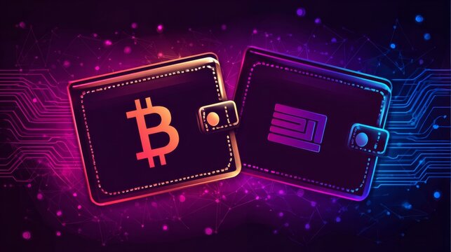 Sleek digital wallets with glowing Bitcoin and stacked bar symbols on a futuristic neon-lit background featuring circuit patterns and vibrant purple-blue hues.