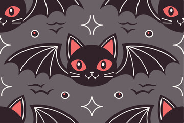 Dark Halloween Seamless Pattern Cute Black Vampire Cat with Bat Wings