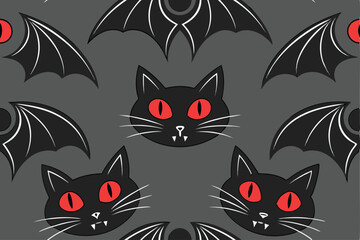 Dark Halloween Seamless Pattern Black Vampire Cats and Bats