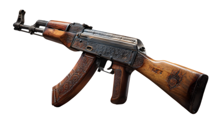 Ornate akm assault rifle with intricate wood carvings isolated on transparent background