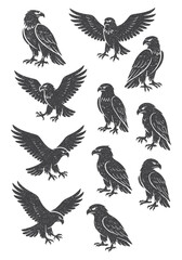 Fototapeta premium Set of detailed eagle illustrations in various flying and standing poses, perfect for tattoos, prints, or wildlife-themed designs.