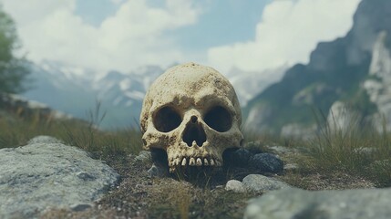 Human Skull Resting in Nature