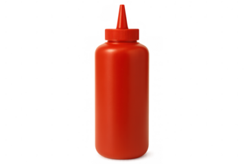 Vibrant red plastic ketchup bottle standing empty, showcasing sleek packaging with clean transparent backdrop