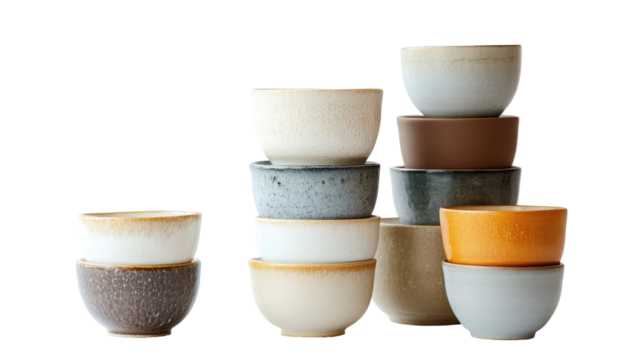 Stack of Ceramic Cups in Descending Size Order on White Background