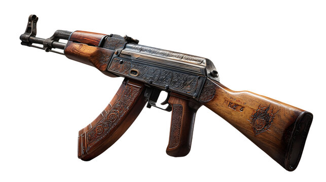 Ornate akm assault rifle with intricate wood carvings isolated on transparent background