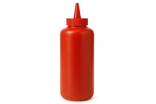 Vibrant red plastic ketchup bottle standing empty, showcasing sleek packaging with clean transparent backdrop