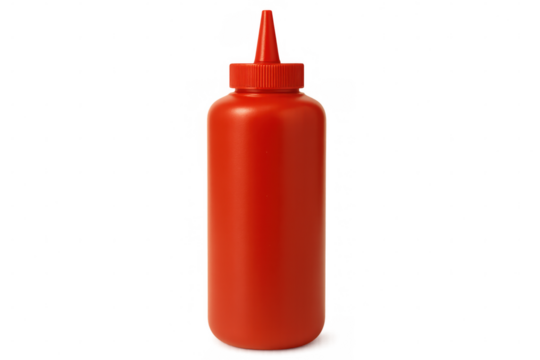 Vibrant red plastic ketchup bottle standing empty, showcasing sleek packaging with clean transparent backdrop - Powered by Adobe