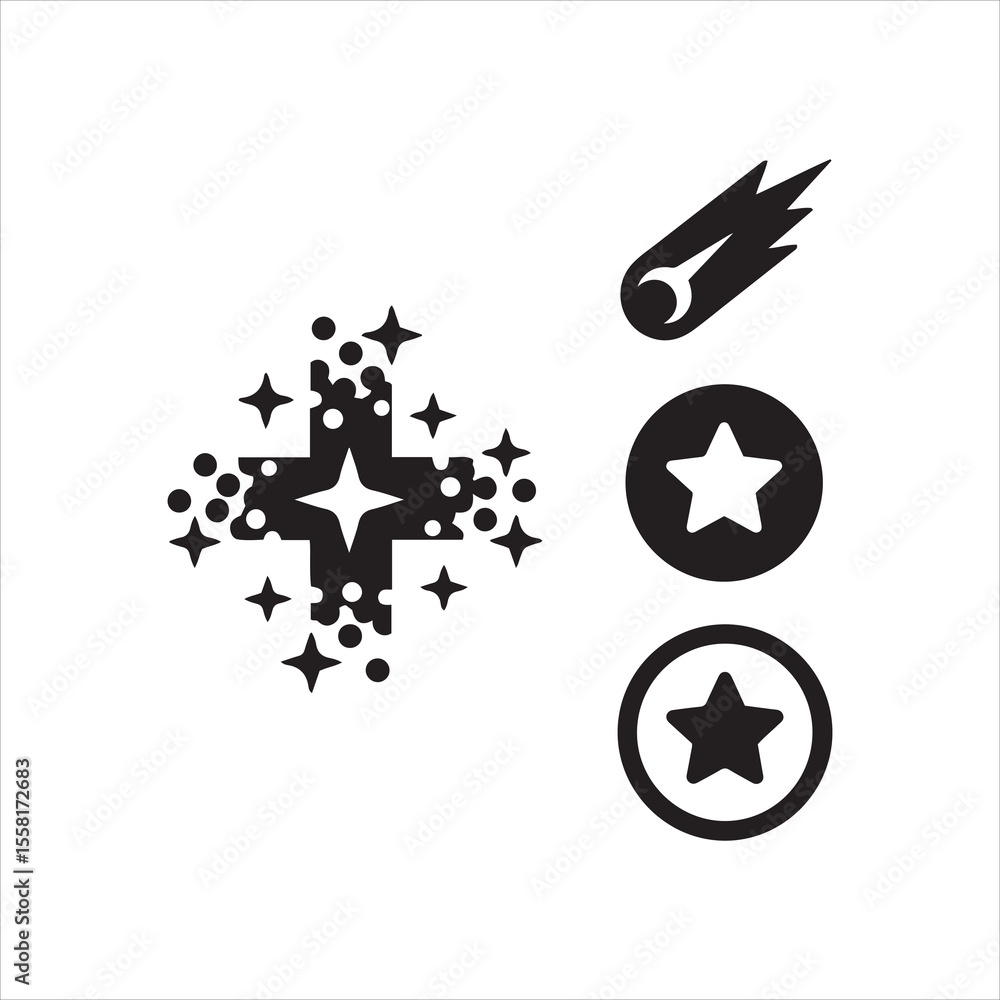 Poster collection of celestial and star symbols with a meteor and starburst cross