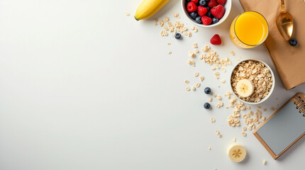 Top view of a clean white table with oatmeal, fresh berries, sliced banana, a glass of orange juice and a notebook
