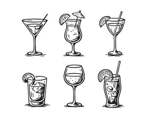 Cocktail Glass Vector Icon Set with Various Tropical Drinks