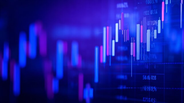 Dark moody digital financial chart with blue and purple tones, featuring candlestick patterns in white and pink, blurred background, market data, and quantitative percentages.