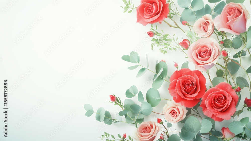 Poster valentine's day botanical edge made of clustered roses and cascading eucalyptus foliage, with delica