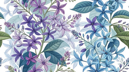 Obraz premium Vector illustration seamless pattern of bright purple and blue Petrea volibilis flowers blooming for printing on fabric or wallpaper.