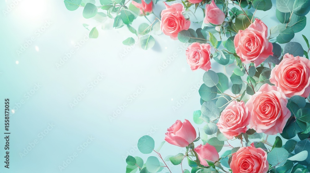 Poster valentine's day botanical edge made of clustered roses and cascading eucalyptus foliage, with delica