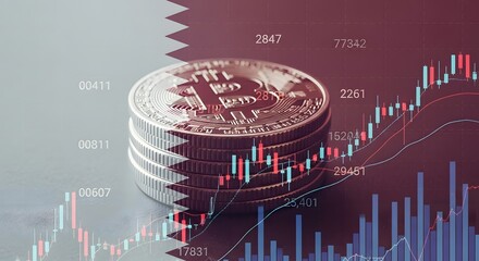 Cryptocurrency Coins with Qatar Flag and Stock Market Red Chart