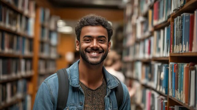 A smiling young Indian man with a rucksack stands at the university library. 