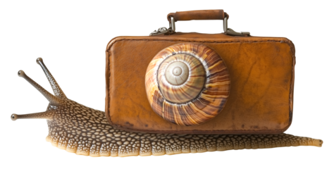 Snail with briefcase shell symbolizes slow business growth, blending nature and business concepts creatively., isolated