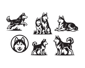 Fototapeta premium Vector Husky Dog Mascot Icon Set in Vintage Monochrome Style