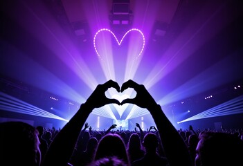 Silhouette hands form heart shape amidst cheering crowd at a concert with vibrant purple stage lighting