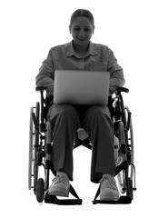 Silhouette of young woman in wheelchair using laptop on white background
