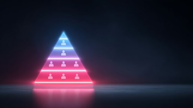 Innovative Corporate Solutions Illustrated in 3D Design, Neon pyramid structure representing hierarchy with human icons in a dark setting.
