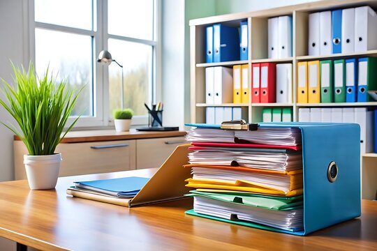 A wellorganized office desk features a stack of colorful files in a blue binder, showcasing efficient workspace management