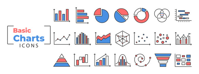 Chart and graph icon set for business and finance with bar, pie, line, and donut diagram. Growth analysis by statistic, graphic, and data report. Vector illustration in red, blue, and white.