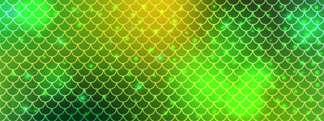 Seamless mermaid pattern in green and yellow tones. Repeating fish scale design with glowing light spots. Ideal for underwater and fantasy themes. Vector illustration.