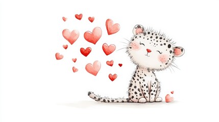 Whimsical coon leopard covered in fluffy he-shaped spots, light gray body, sitting with back turned and subtle side glance, peaceful and warm tone