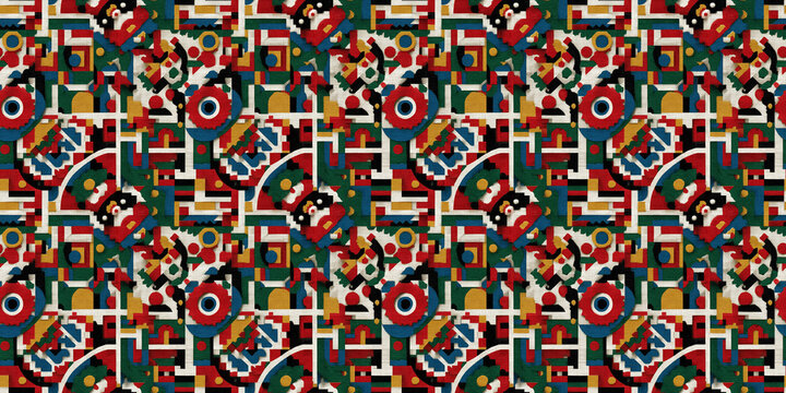 Seamless pattern based on South African traditional art, blending vibrant Ndebele house painting motifs, Zulu beadwork patterns, and Xhosa geometric forms in bold, bright, multicolor compositions
