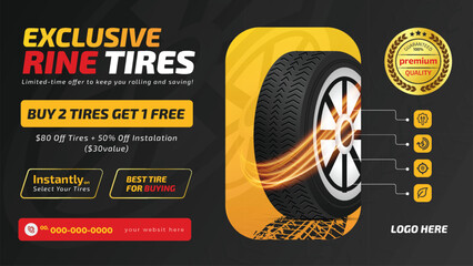 Tires car advertisement poster with discount offer. Black rubber tire landscape advertisement.