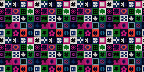 Colorful patchwork seamless pattern with geometric shapes and symbols on dark background