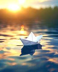 Paper boat floating on calm water at sunset