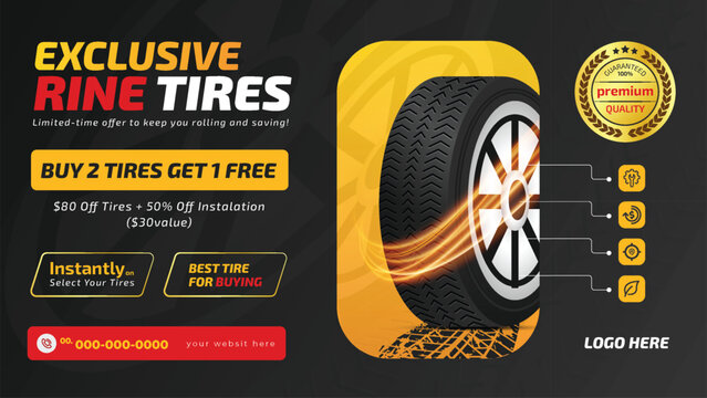 Tires car advertisement poster with discount offer. Black rubber tire landscape advertisement.