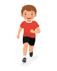 Little boy running jogging on the road front view