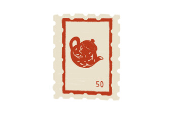 vintage postage stamp Red teapot png