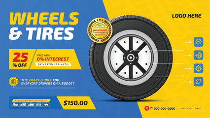 Tires car advertisement poster with discount offer. Black rubber tire landscape advertisement. © VectorDot