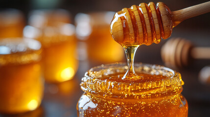 Honey dripping from dipper into glass jar, other jars in the background