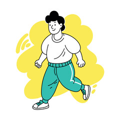 Happy Man in Joggers Walking on Yellow Backdrop Doodle Style Illustration