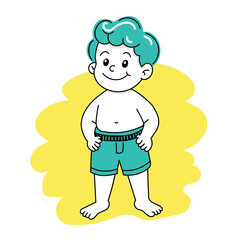 Happy Boy in Shorts on Yellow Backdrop Doodle Style Illustration