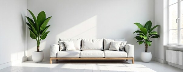 Serene Minimalist Living Room Natural Light Bathes a Simple Grey Sofa and Potted Plant in a Clean, Uncluttered Space. Ideal for Relaxation and Modern Home Decor Inspiration.