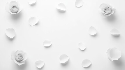 Elegant White Roses and Petals on Clean Background, Minimalist Floral Design