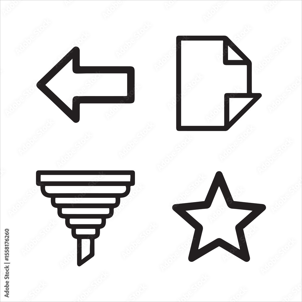Poster collection of four basic outline icons arrow document funnel and star